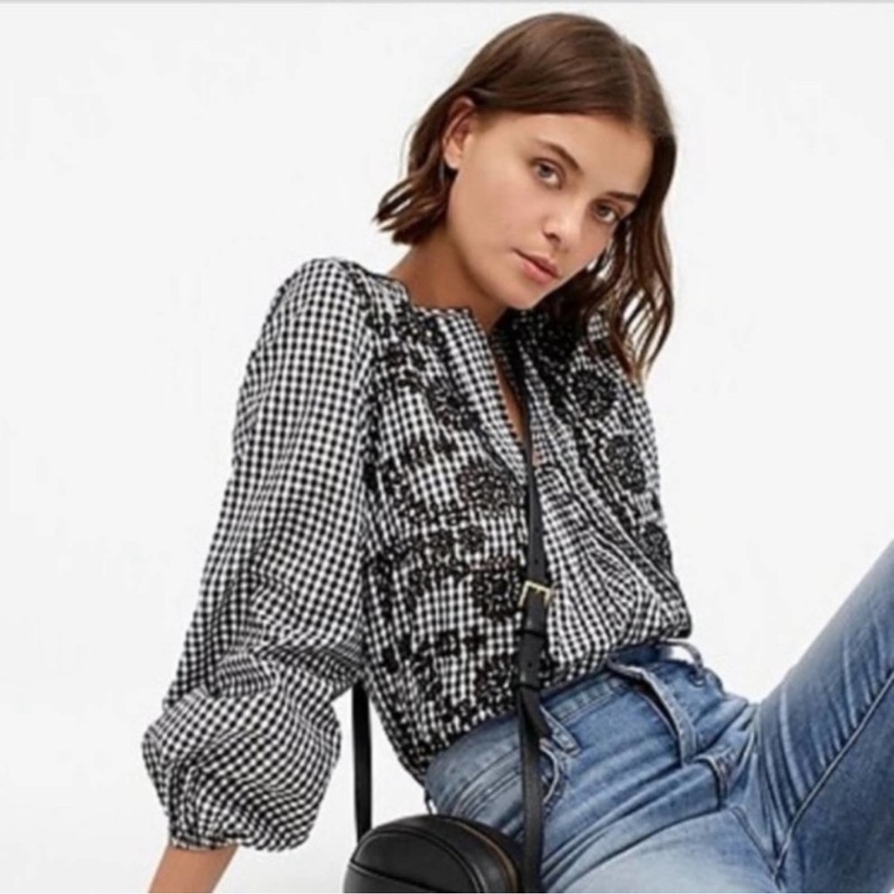 J. Crew Black and White Gingham Popover Top size Large